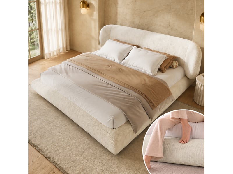  Lit rembourré 140 × 200 cm 2 places avec tête de lit, coins arrondis, sans matelas, en chenille beige  - Conforama B