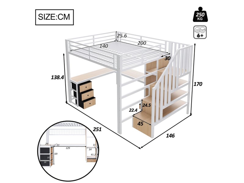 Lit mezzanine fer 140x200 cm blanc compartiment rangement 4 tiroirs grille suspendre led bureau escalier rangement sans matelas - Conforama C