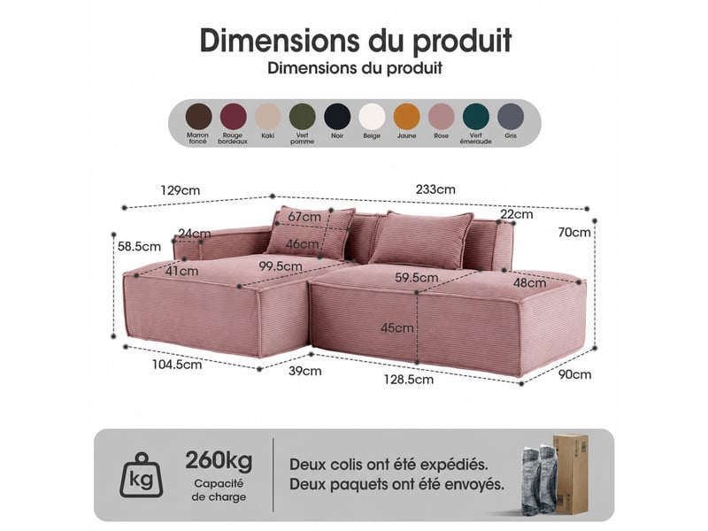  Canapé droit compact avec deux coussins  - assise rembourrée en polyester rose bébé 235 cm  - Conforama D
