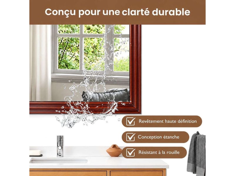  Grand miroir mural forme dôme arche 40x60 cm verre trempé hd – miroir contemporain étanche et anti-oxydation avec cadre décoratif rouge bordeaux pour salle d'eau  - Conforama C