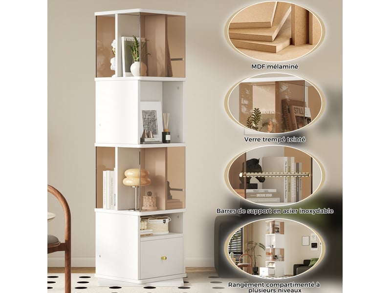  Vitrine pivotante 50x50x160 cm avec led, blanc et marron  - Conforama D