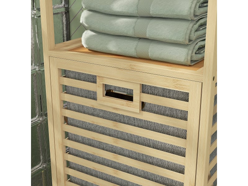  Étagère salle de bain bambou naturel 44x33x160 cm avec 3 niveaux, panier tissu et anti-basculement  - Conforama D