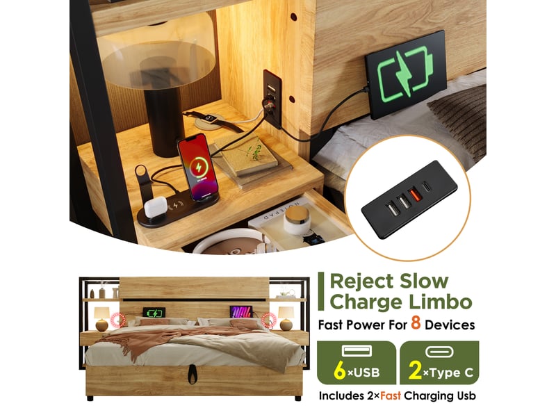  Lit double 180x200 en bois avec coffre hydraulique, tête de lit avec tiroirs et ports usb-c - sans matelas  - Conforama E