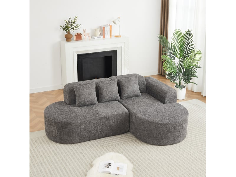  Canapé d'angle 3 places avec méridienne à droite et 3 coussins de dossier en chenille gris anthracite, 222×157×73 cm  - Conforama B