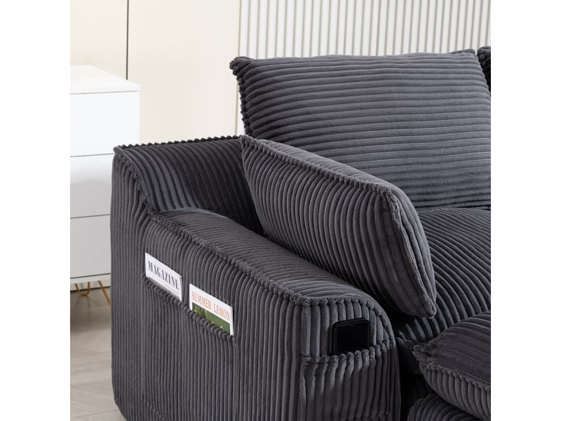  Canapé modulable 4 places en velours côtelé gris foncé avec 2 poufs, coussins et poches latérales  - Conforama R