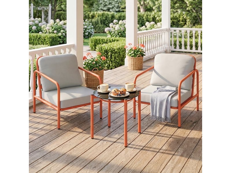  Salon de jardin 3 pièces, 2 fauteuils, 1 table basse, coussins épais, plateau en verre trempé, 63x77x76cm, rouge vineux  - Conforama D
