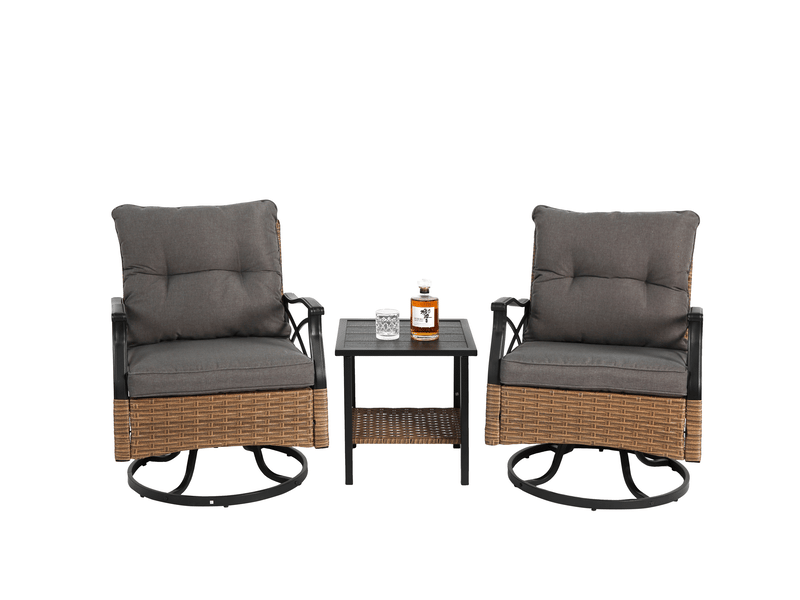  Salon de jardin,3 pièces avec 2 fauteuils pivotants 360° et table,brun gris  - Conforama A