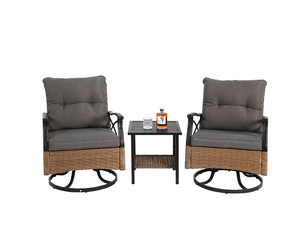Salon de jardin,3 pièces avec 2 fauteuils pivotants 360° et table,brun gris