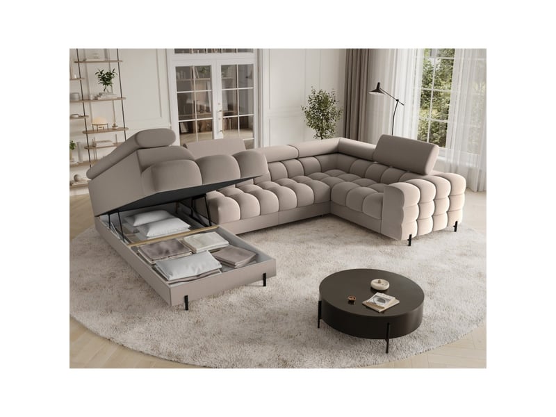  Canapé panoramique convertible factory 3 places beige – angle gauche avec coffre – version 2  - Conforama D