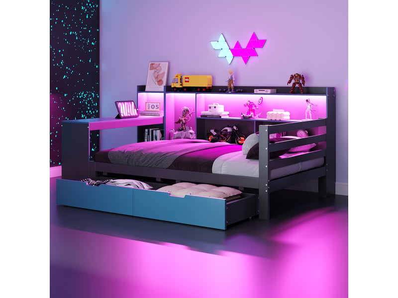 Lit banquette lit simple avec bureau, bibliothèque, 2 tiroirs, led et prises 90×200 cm, sans matelas, noir bleu - Conforama B
