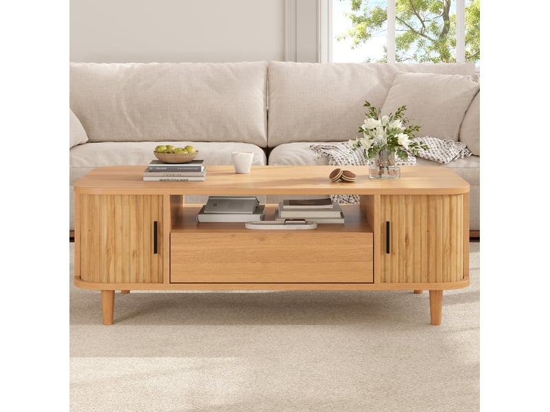  Table basse avec 1 tiroir, 2 portes à rideau et rangement ouvert, pieds en bois, finition bois naturel pour salon  - Conforama E