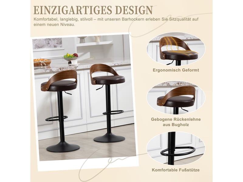 Lot de 2 tabourets de bar réglables 360°,avec dossier effet noyer,pu,marron - Conforama E