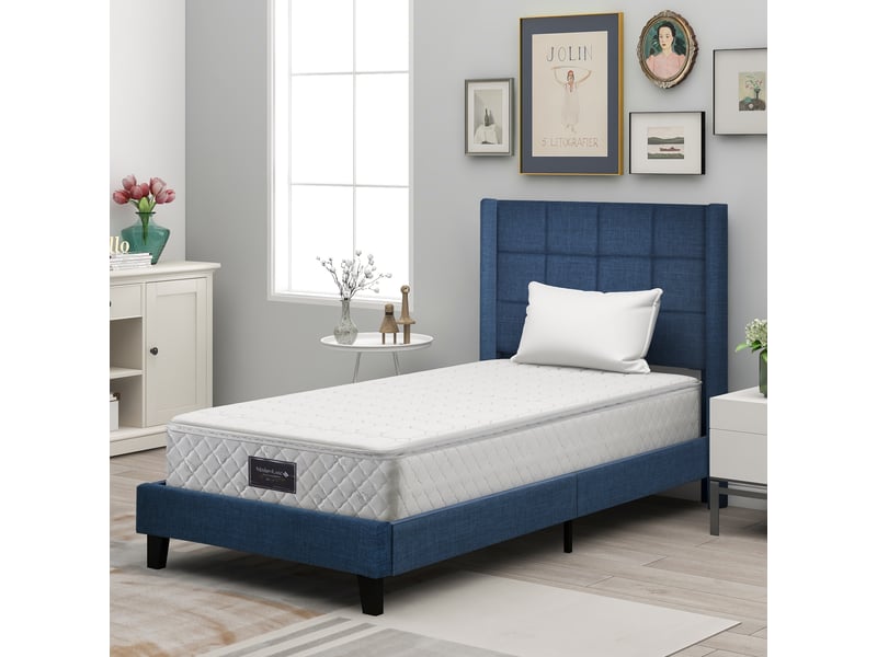  Lit capitonné, lit enfant 90x200 cm, sommier à lattes, matelas inclus, lin bleu  - Conforama C