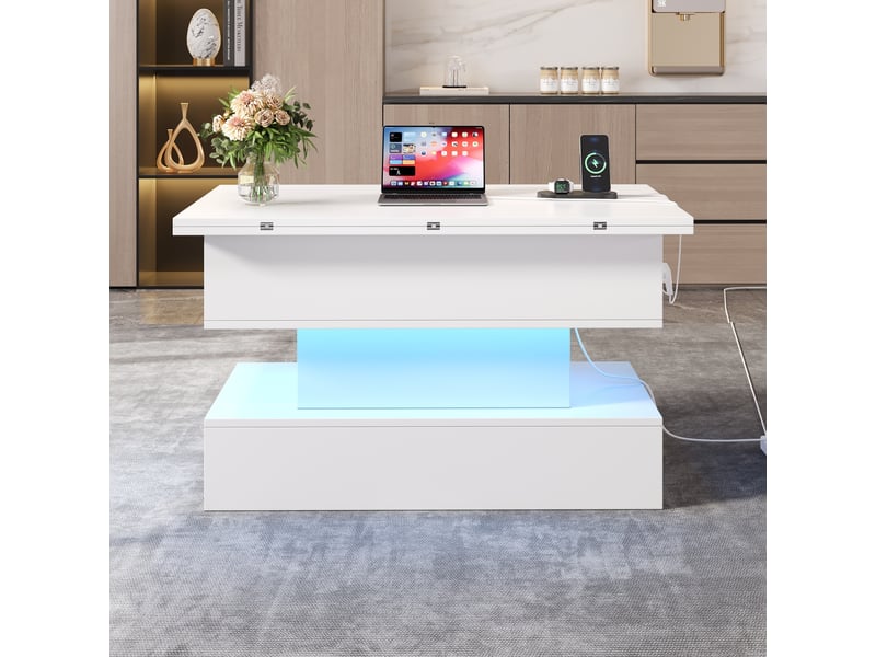  Table basse relevable avec 2 plateaux pliants, led et prise avec usb et usb-c, rangement, salon, blanc - uvrion  - Conforama C
