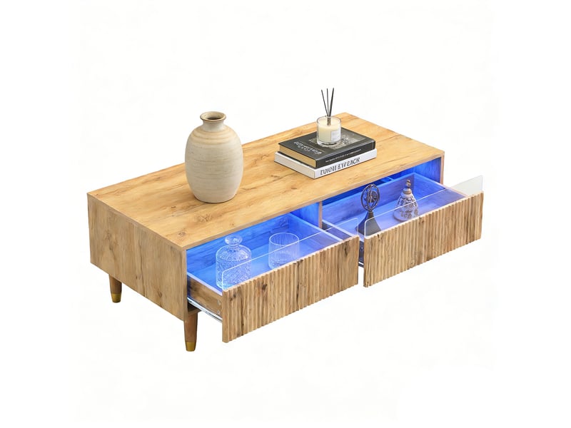 Table basse de salon avec tiroirs et éclairage led, chêne  - Conforama A