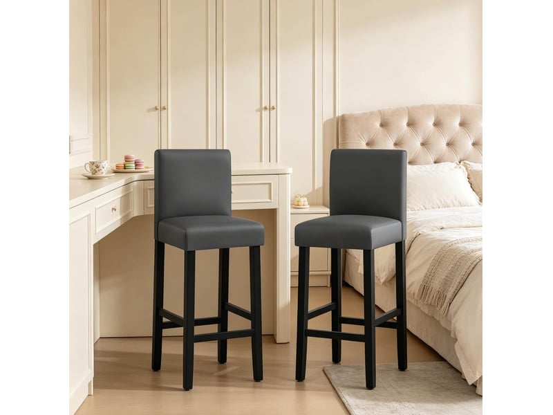 Lot de 2 tabourets de bar avec dossier haut et repose-pieds, style industriel en similicuir, bois et mousse noir et gris - Conforama E
