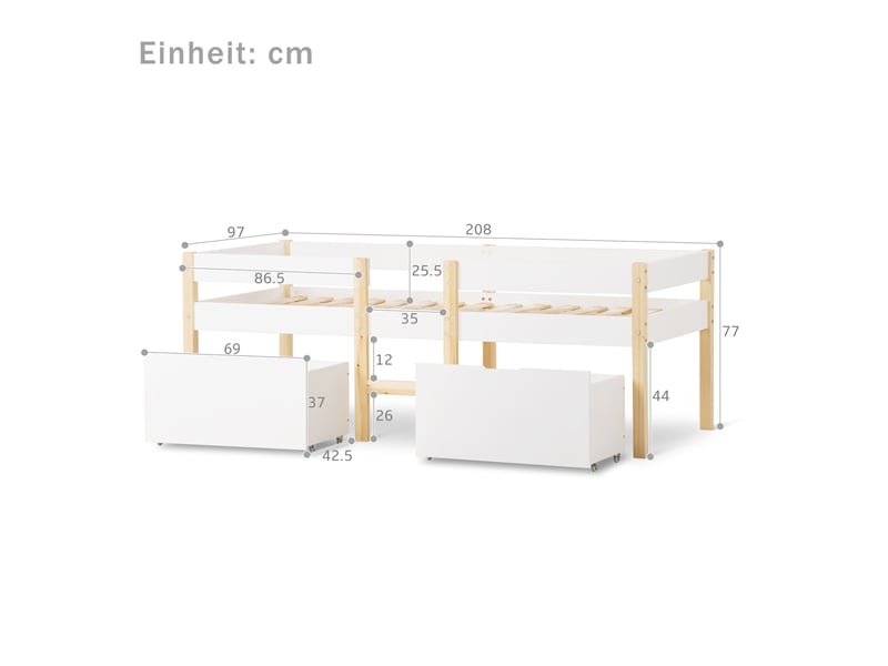 Lit enfant mi-hauteur avec tiroirs et protection anti-chute 90 x 200 cm blanc et chêne - Conforama E