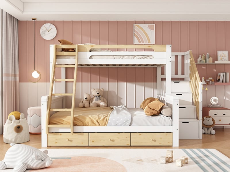 Lit superposé enfant 90 x 200 et 140 x 200 cm, avec escalier, 3 coffres de rangement et barrière de sécurité, blanc - Conforama B