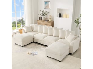 Canapé d'angle, canapé modulable, 6 places, en chenille, beige, repose-pieds, pour salon et séjour, usb