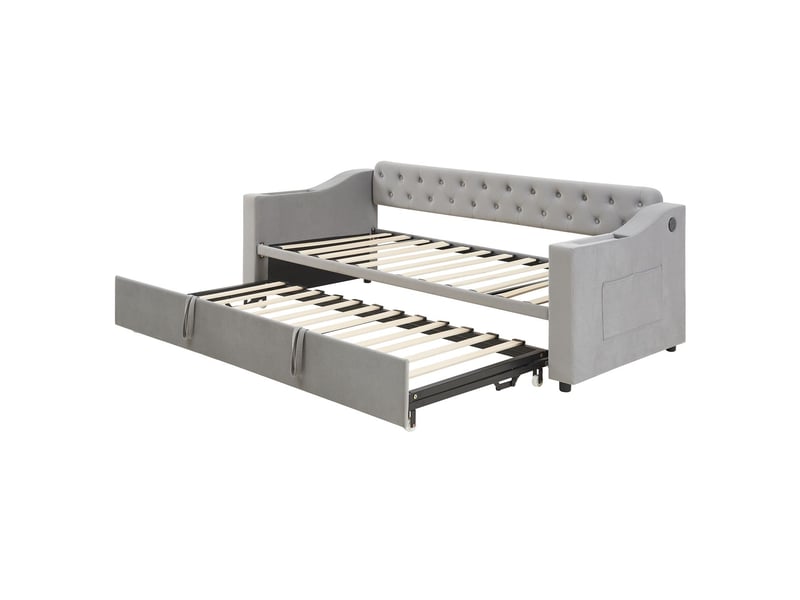 Lit capitonné 90x190, confort velours lit une personne, accoudoirs larges avec ports usb, rangement intégré, sommier inclus - Conforama D