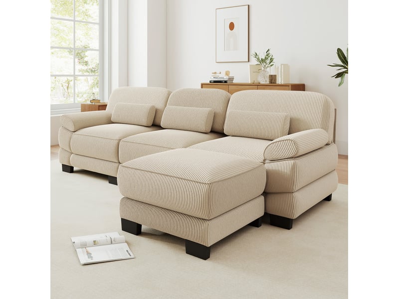 Canapé modulable tcqpz 3 places en l avec pouf 265 x 161 x 94 cm velours côtelé beige - Conforama D