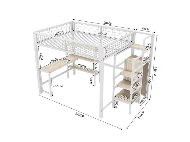  Lit mezzanine 140 × 200 cm 2 places avec bureau, étagères et armoire, sans matelas, en métal et mdf, blanc  - Conforama D