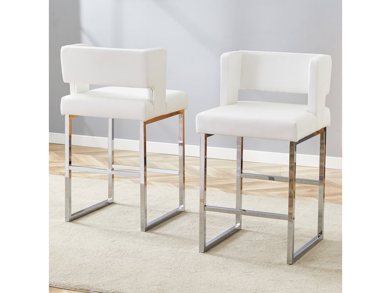 Lot de 2 tabourets de bar 53x48x91 cm, chaises hautes avec assise carrée, meuble cuisine, pieds métal argenté, pu blanc - Conforama B