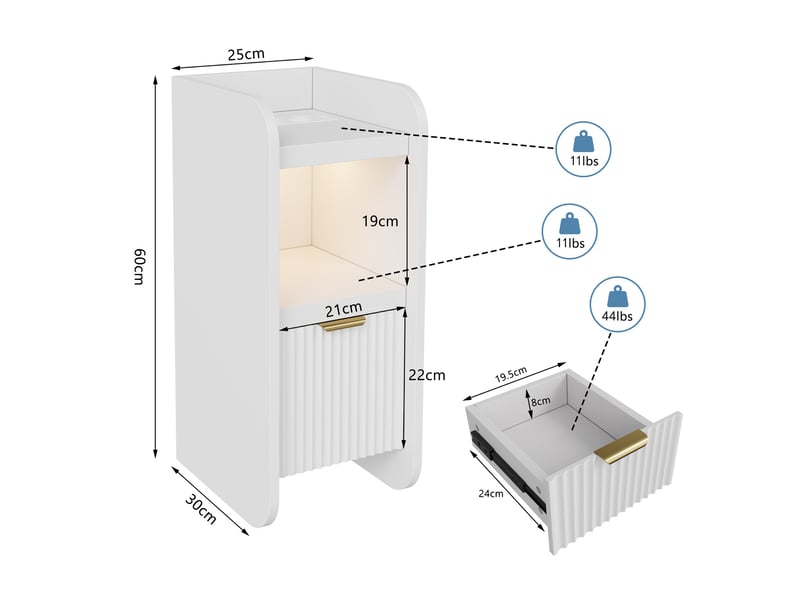  Lot de 2 tables de chevet 25x30x60cm, station de charge et led, 1 tiroir, bout de canapé en bois, style moderne, blanc  - Conforama E