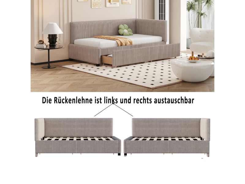  Lit enfant 90x200 cm rembourré avec 2 grands tiroirs et sommier à lattes, gris, en velours  - Conforama E