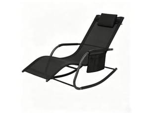 Transat à bascule noir en tissu polyester avec poche latérale, 152 x 62 x 83 cm, pour terrasse et jardin