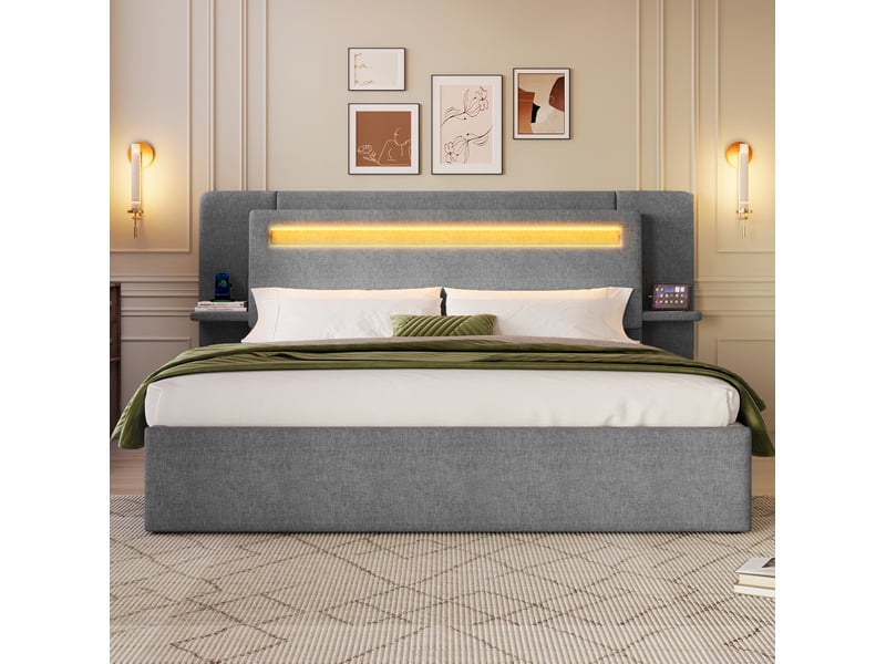 Lit double 140 × 200 cm avec coffre relevable hydraulique, led multicolore et tablette avec port usb, gris, chambre - Conforama B
