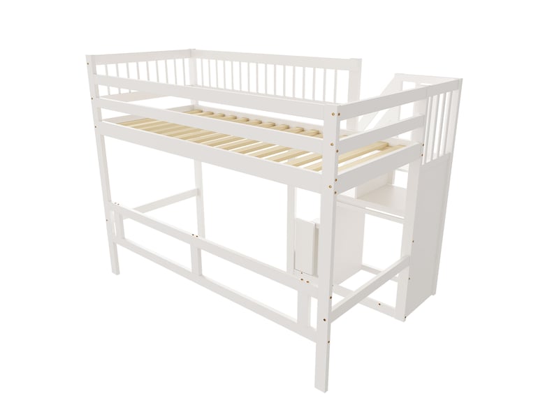 Lit mezzanine en bois massif avec escalier de rangement, lit enfant 90x200 blanc, cadre robuste et sécurisé pour chambre ado - Conforama D