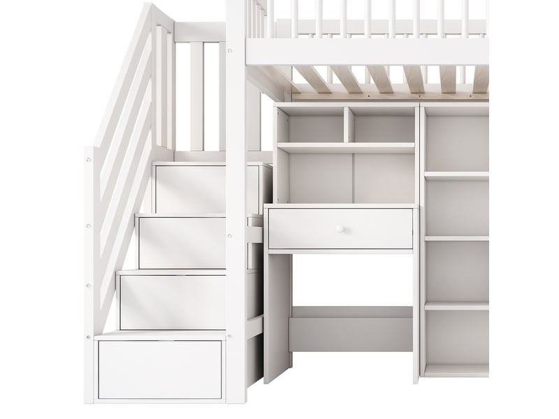  Lit mezzanine, 90x200 cm, avec bureau, échelle, rangements, armoire, bois, blanc  - Conforama E