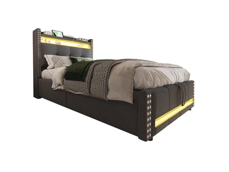 Lit enfant 90 x 200 cm avec rangement hydraulique, led multicolore et prise usb - Conforama D