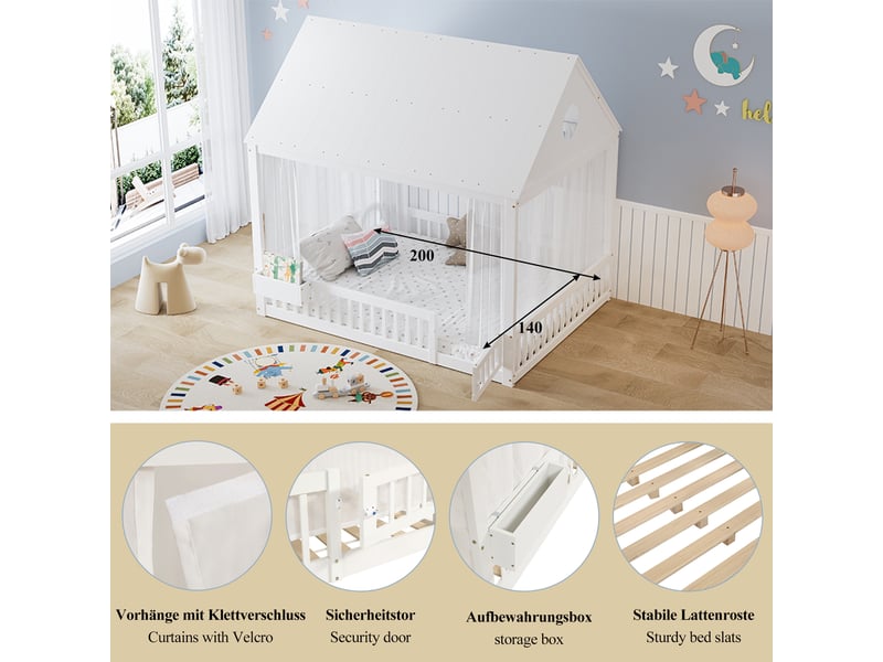  Lit cabane enfant 140×200 cm avec rideaux et niche de rangement  - sans matelas, bois - blanc  - Conforama E