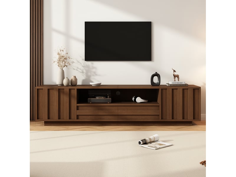 Meuble tv 180x40x45 cm avec 2 portes et 2 tiroirs, passages de câbles, en mdf couleur marron foncé - Conforama B