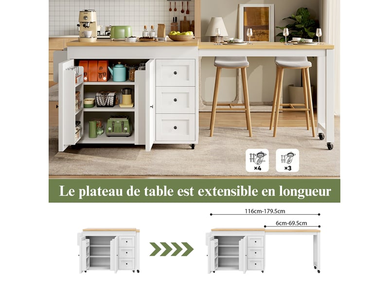  Îlot de cuisine extensible 116 à 179,5 x 45 x 89 cm avec plateau coulissant, 3 tiroirs, rangements latéraux et roulettes, blanc  - Conforama E