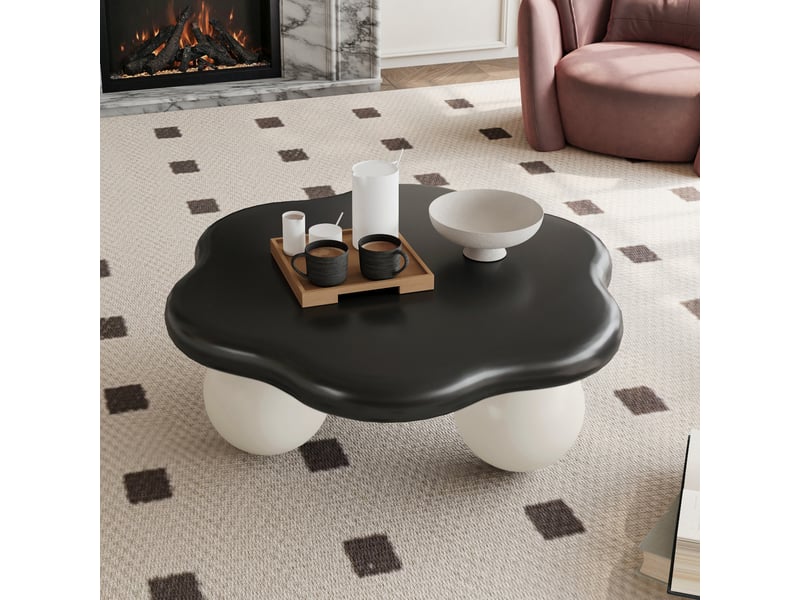  Table basse muvano, table de salon minimaliste forme pétale, plateau noir mat et pieds boules blancs, 79 x 79 x 31 cm  - Conforama C