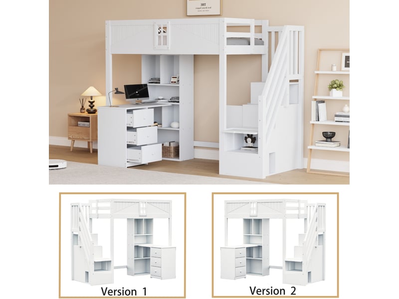  Lit mezzanine 90x200 cm, bureau, échelle de rangement latérale, garde-corps avec fenêtre, bois, blanc, sans matelas  - Conforama D
