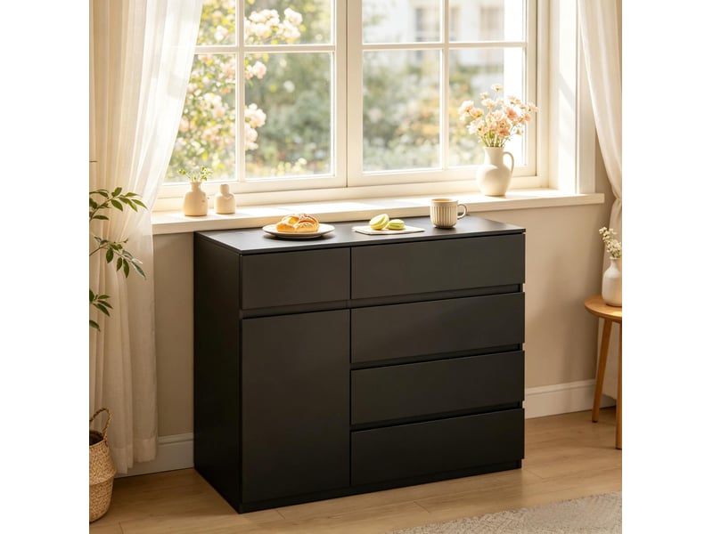  Buffet et enfilade avec 5 tiroirs 1 porte et étagère réglable pour cuisine et salon style moderne en panneaux de particules noir  - Conforama E