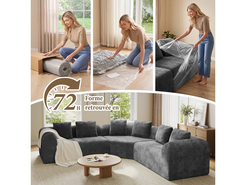  Canapé d'angle incurvé 3 places en tissu chenille premium,canapé compressé sans montage,mousse haute résilience,gris 326x97x66CM - Conforama R