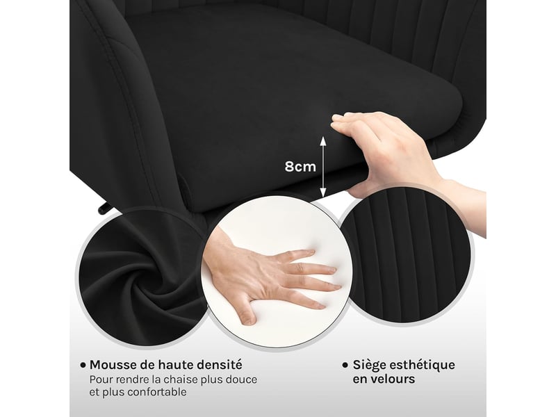  Chaise de bureau en velours，noir, fauteuil pivotant ergonomique, siège rembourré  - Conforama C