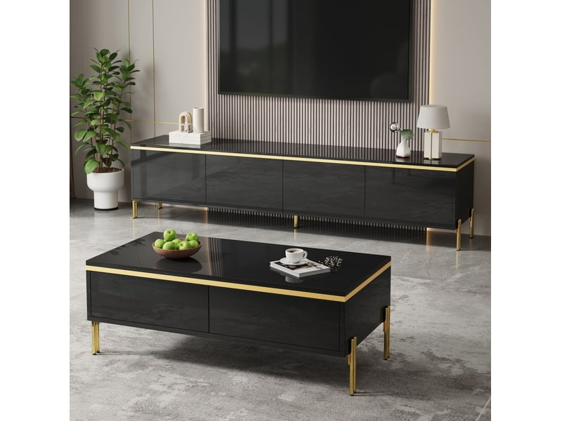  Ensemble meuble tv et table basse noir et doré – 170 cm et 100 cm – finition brillante  - Conforama B