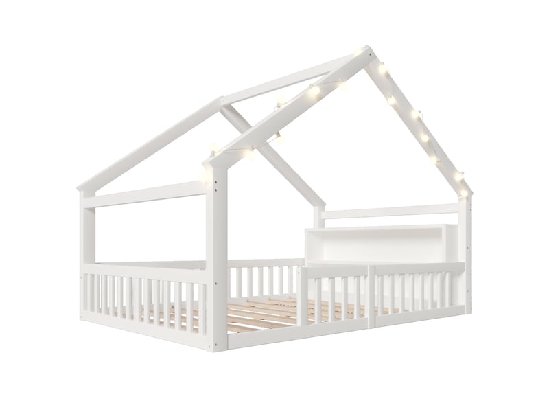 Lit 140x190 cm, lit enfant, sommier, forme de cottage, style épuré, structure en bois et mdf, blanc, sans matelas  - Conforama D