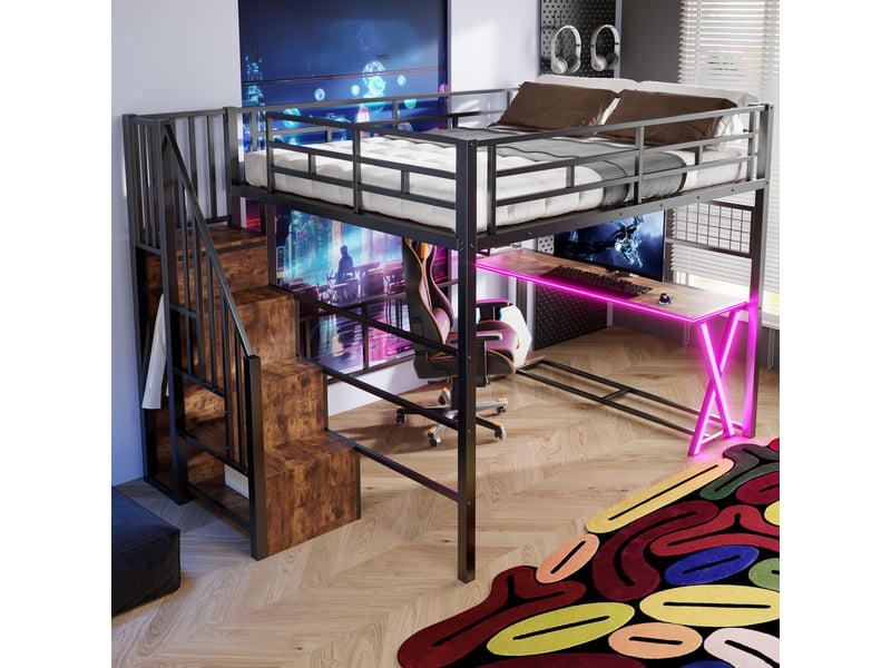 Lit mezzanine 160 x 200 cm avec bureau, armoire, led et escalier avec rangement, lit double en métal noir avec étagères et garde-corps - Conforama C