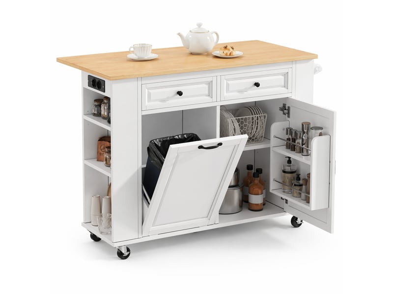 Desserte de cuisine avec portes, plateau rabattable, prises et compartiment poubelle, en mdf, 120×40-70×92 cm, blanc - Conforama A