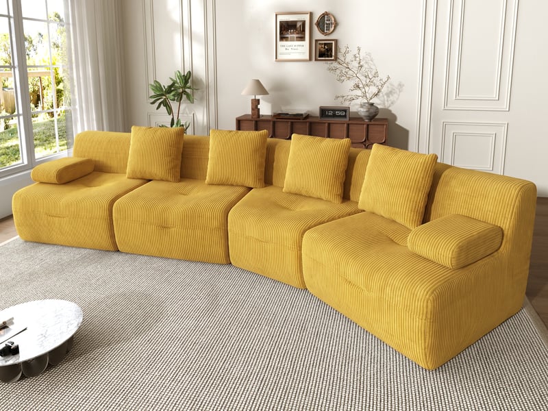 Canapé modulaire 4 places, modules combinables, sans montage, haute résilience, charge 400 kg, 65x90x311cm, velours côtelé, jaune - Conforama B