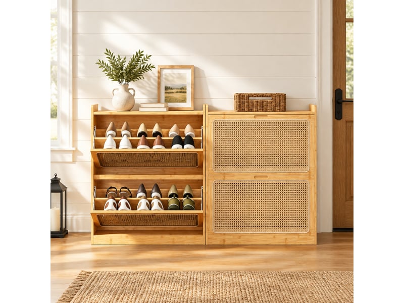 Meuble à chaussures 12 à 14 paires, 2 abattants réglables, bambou et rotin pe, naturel - Conforama D