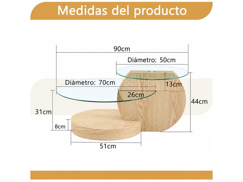  Table basse à deux niveaux en verre de sécurité et mdf décor bois clair, 90 x 70 x 44 cm  - Conforama E