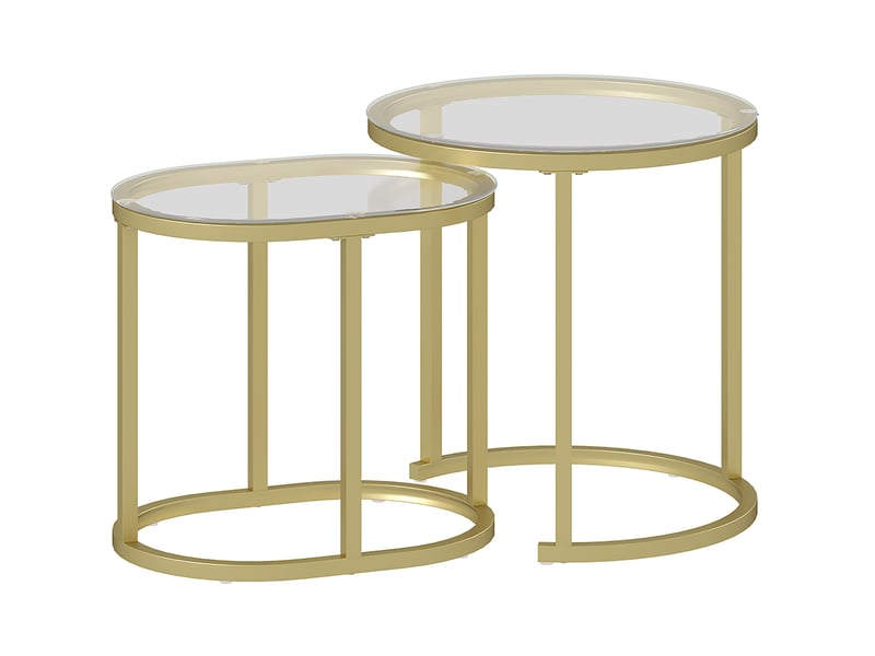 Tables basses gigognes lot de 2 avec plateaux en verre trempé et pieds réglables, en acier doré pour salon et chambre - Conforama A
